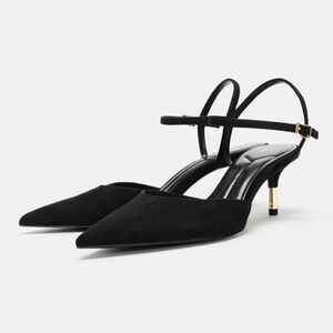 NWT Zara Vampy Black Faux Suede Slingback Gold Kitten High Heels US 8